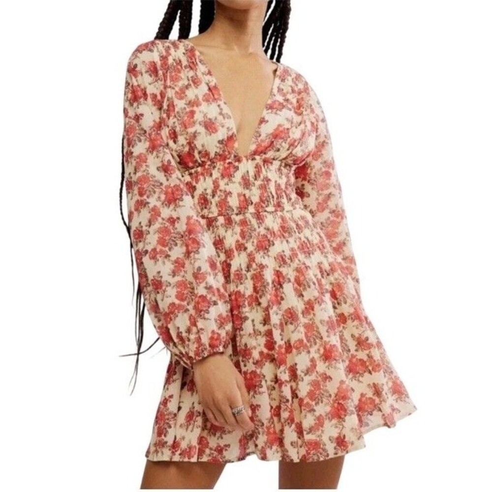 Free People Keep You Mini Dress Floral Print Smocked Ivory Red Boho Cottage Sz S